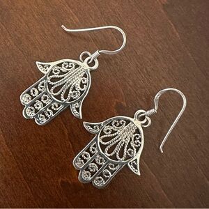 Sterling Silver Hamsa Hand Earrings with Intricate Filigree Design